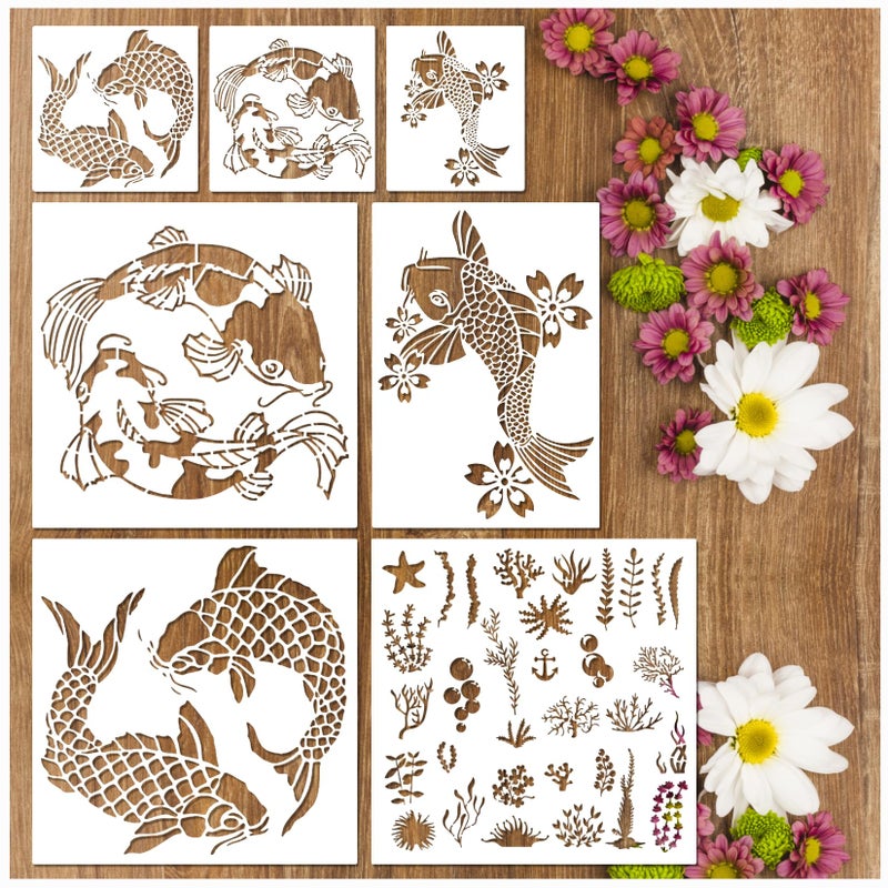 Boqon Koi Fish Stencils Template Reusable Sea Plant Seaweed Stencils for Painting on Wood Canvas Walls Floor Decorations DIY Craft Projects (Koi Fish) - Image 1